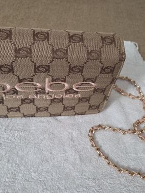 bebe Tan Monogram Crossbody with Rose Gold Chain